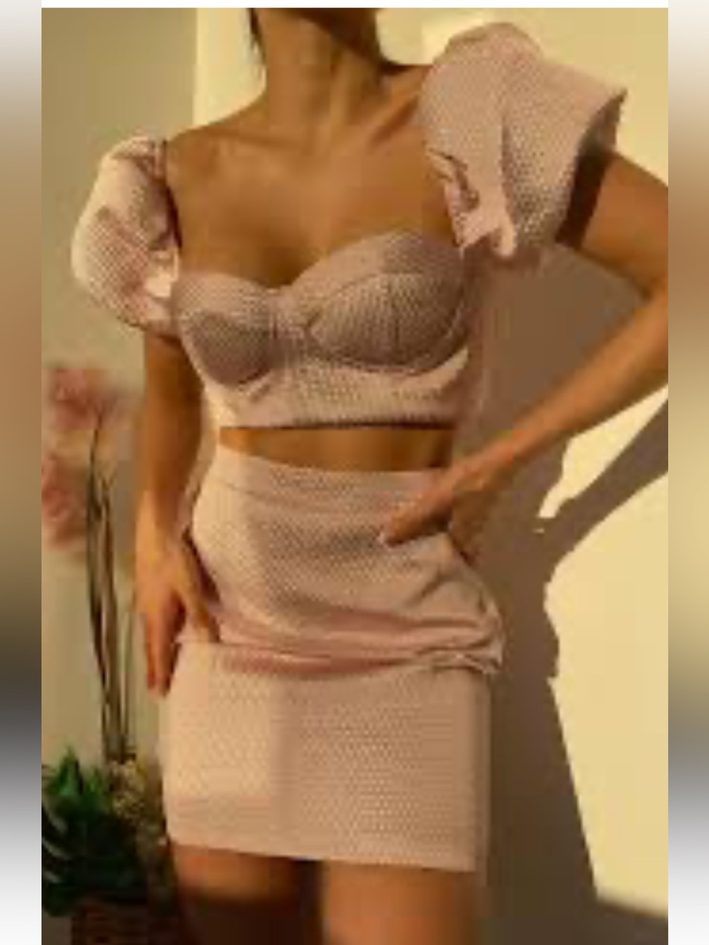 Haute Monde Rose Pink Metallic 2pc bustier crop Top w puff sleeves matching mini